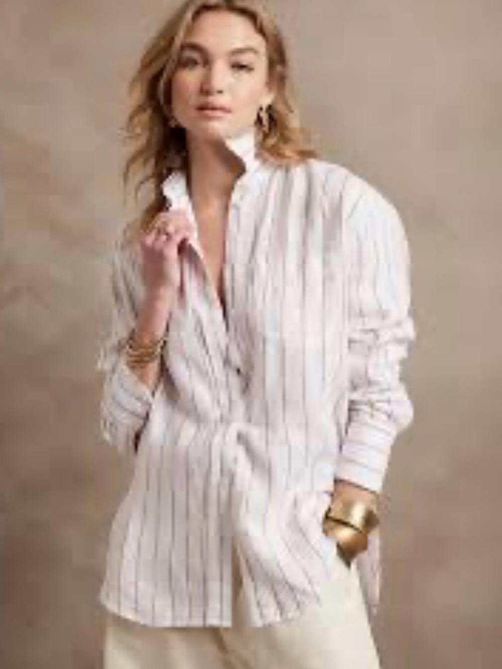 Banana Republic Cream and Tan luxury linen Striped Button-Up Shirt